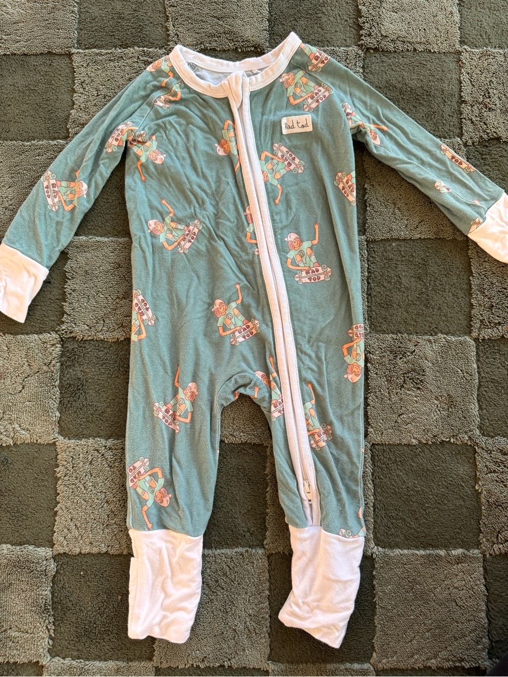 Rad Tod Baby Teal Skateboard Print Footed One-Piece